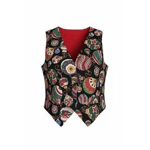 Vintage Christmas Ornament Print Reversible Quilted Vest Black Red Holiday Star